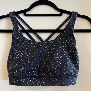 Lululemon black print criss cross back straps energy sport bra, size 06